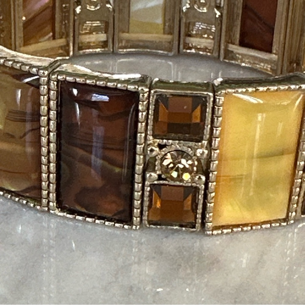 Gold-Tone Brown & Amber Rectangular Stretch Brace… - image 2